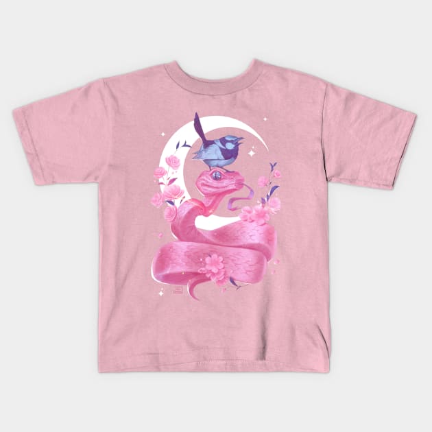 Pink snake and bird Kids T-Shirt by fabiobottega